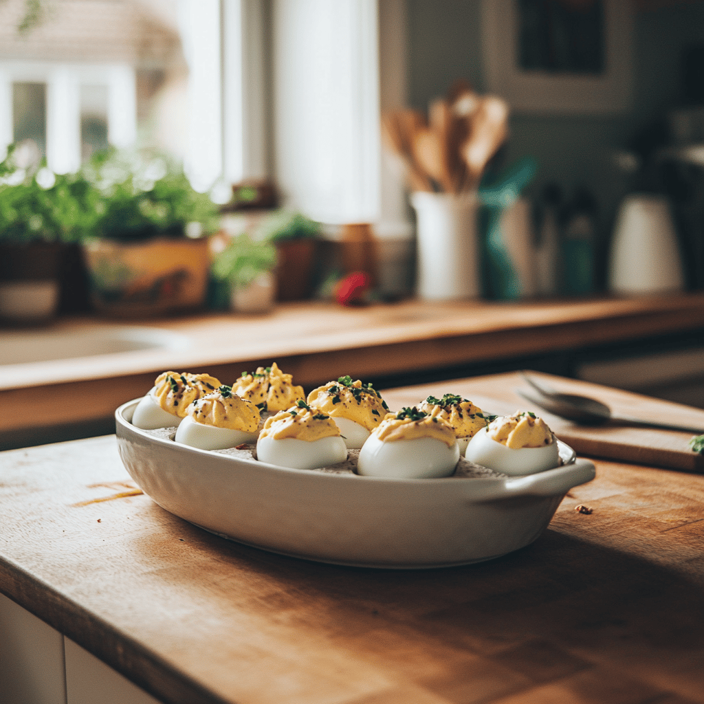 A warm and inviting modern kitchen scene filled with natural light, featuring an array of deviled egg dishes presented on a stylish countertop. The background includes cooking utensils, bowls filled with fresh ingredients like eggs, herbs, and spices, and small touches like a cozy table setting. The atmosphere is friendly and homely, capturing the essence of a food blog while showcasing the culinary process without focusing on a single dish.