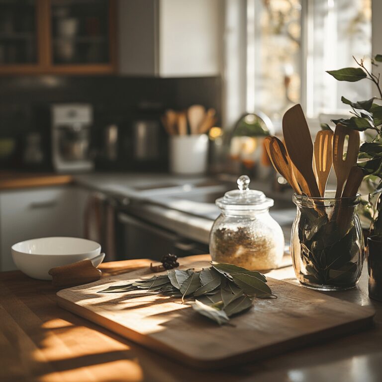 A warm and inviting modern kitchen scene featuring an array of cooking tools, fresh ingredients, and subtle hints of bay leaves scattered among utensils and bowls. The lighting is soft and natural, creating a cozy atmosphere that reflects the theme of cooking and culinary discussion. The countertops are neatly organized, showcasing a blend of homely charm and professional aesthetics, inviting viewers to explore the culinary debate at hand.