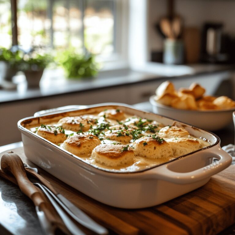 A warm and cozy modern kitchen adorned with various cooking tools and fresh ingredients, featuring a casserole dish filled with biscuits and gravy but not the main focus. Soft, natural light fills the space, highlighting utensils, bowls, and a welcoming countertop, creating an inviting atmosphere perfect for a food blog setup.