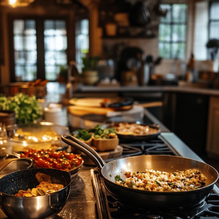 A warm and cozy modern kitchen filled with cooking tools and ingredients that evoke a sense of home and comfort. Natural light streams in, illuminating the various utensils and colorful bowls on the countertops. The scene captures the essence of a food blog post about Disney World's newest New Orleans-themed souvenir, blending inviting kitchen details with a subtle thematic nod to cooking techniques and flavors, without focusing on a specific dish.