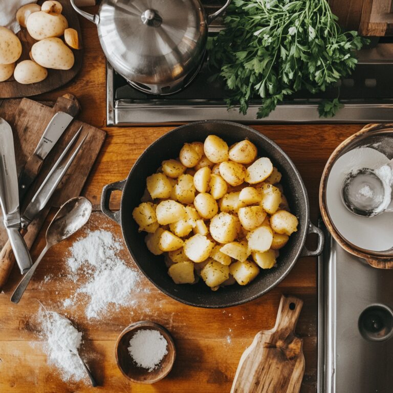 A warm and inviting modern kitchen featuring a variety of cooking tools and ingredients arranged thoughtfully around a countertop. Soft, natural lighting illuminates the scene, highlighting rustic utensils, colorful bowls, and fresh produce, all contributing to a cozy yet professional atmosphere. The overall composition suggests a vintage vibe, subtly evoking the theme of Delmonico potatoes while avoiding a singular focus on one dish.