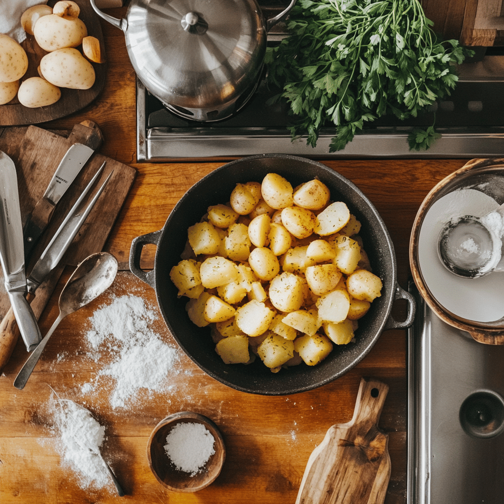 A warm and inviting modern kitchen featuring a variety of cooking tools and ingredients arranged thoughtfully around a countertop. Soft, natural lighting illuminates the scene, highlighting rustic utensils, colorful bowls, and fresh produce, all contributing to a cozy yet professional atmosphere. The overall composition suggests a vintage vibe, subtly evoking the theme of Delmonico potatoes while avoiding a singular focus on one dish.