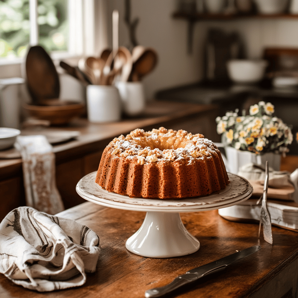 An inviting and visually appealing image of a modern kitchen with a warm, cozy vibe, showcasing various cooking tools and ingredients related to baking. The scene captures a friendly, natural light illuminating the kitchen details like utensils, bowls, and countertops, subtly reflecting the theme of a food blog post about the 135-year-old Lane Cake recipe made famous by Harper Lee, without focusing on a single dish.
