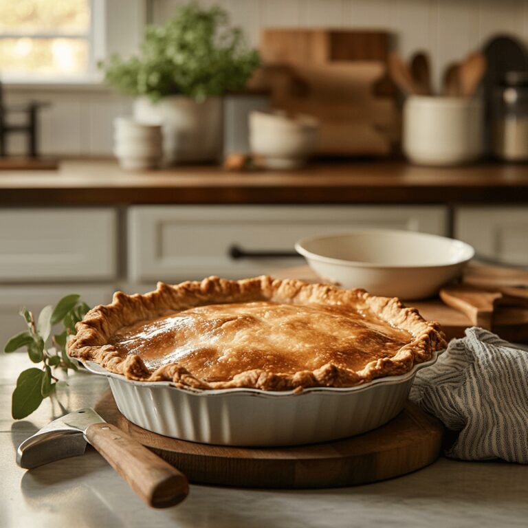 A warm, inviting kitchen scene featuring a variety of cooking tools, fresh ingredients, and baking utensils arranged thoughtfully on a countertop. Soft, natural light fills the space, highlighting textures and colors that evoke a cozy atmosphere. The setting subtly suggests the theme of comfort food, with hints of rustic charm and modern design elements, creating a visually appealing backdrop for a food blog about the timeless appeal of Robert Redford Pie.
