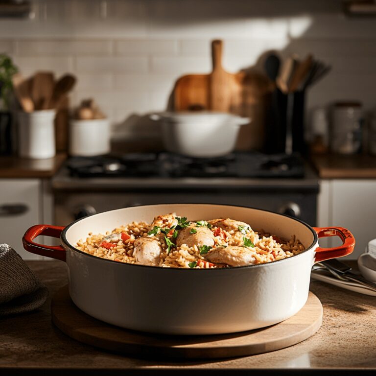 An inviting modern kitchen scene featuring a variety of cooking tools and fresh ingredients, bathed in warm, natural light. The countertops are adorned with utensils, bowls, and subtle hints of Southern cooking, evoking a cozy atmosphere perfect for a food blog.