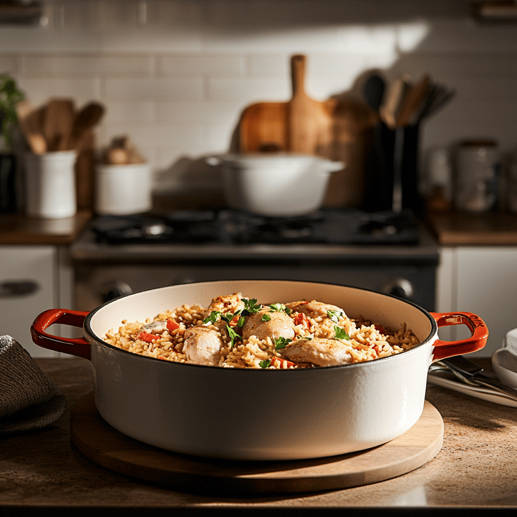 An inviting modern kitchen scene featuring a variety of cooking tools and fresh ingredients, bathed in warm, natural light. The countertops are adorned with utensils, bowls, and subtle hints of Southern cooking, evoking a cozy atmosphere perfect for a food blog.