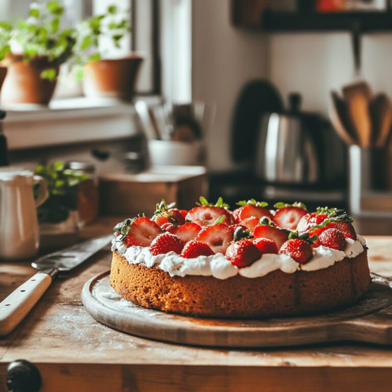 A warm and inviting modern kitchen scene featuring an array of strawberry cakes displayed on a counter, surrounded by fresh strawberries, baking utensils, mixing bowls, and kitchen tools. Soft, natural lighting enhances the cozy atmosphere, while subtle cooking elements reflect the blog's theme of family-friendly recipes. The overall composition feels homely yet professional, inviting viewers to explore the delicious strawberry cake recipes.