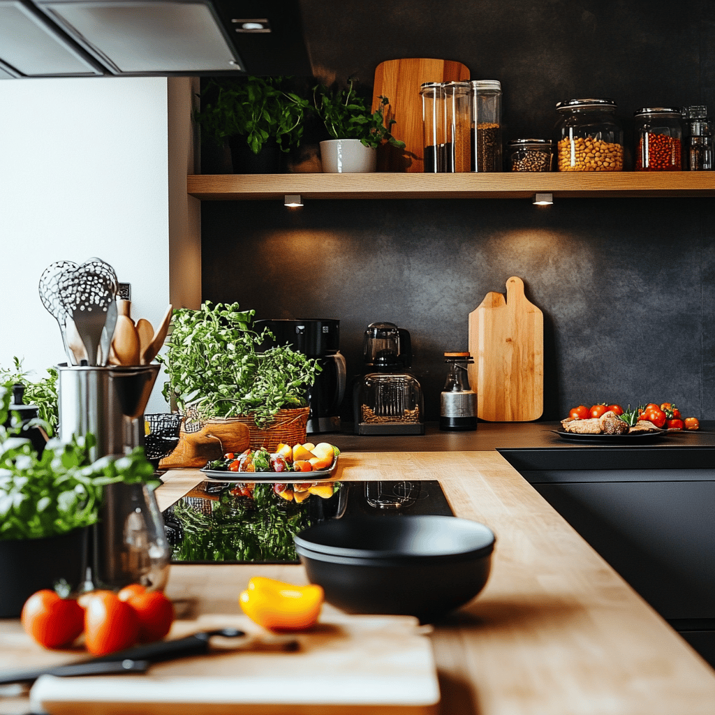 A warm, inviting modern kitchen scene featuring various cooking utensils, colorful ingredients, and neatly arranged bowls on countertops. Soft, natural lighting fills the space, highlighting the homely yet professional atmosphere. Subtle details hint at the blog's theme of kitchen hygiene, such as a spotlight on frequently overlooked areas like cutting boards or sponges, without showcasing a specific dish.