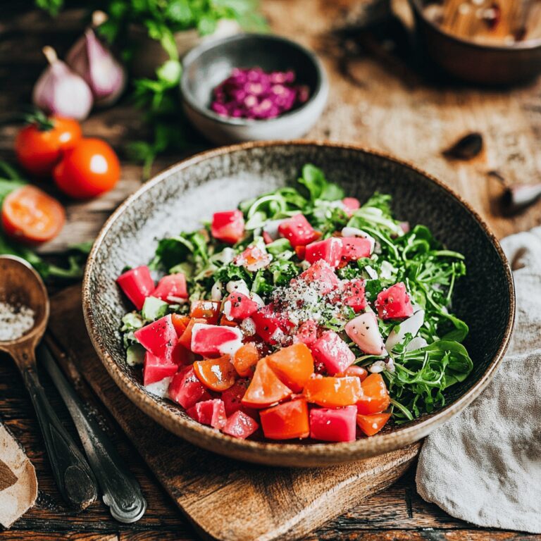 A cozy modern kitchen scene featuring a colorful array of fresh ingredients and vintage cooking tools, with a mix of bright bowls and utensils casually arranged on a warm wooden countertop, soft natural lighting creating an inviting atmosphere, subtly showcasing the theme of a five-ingredient vintage salad without highlighting any single dish.