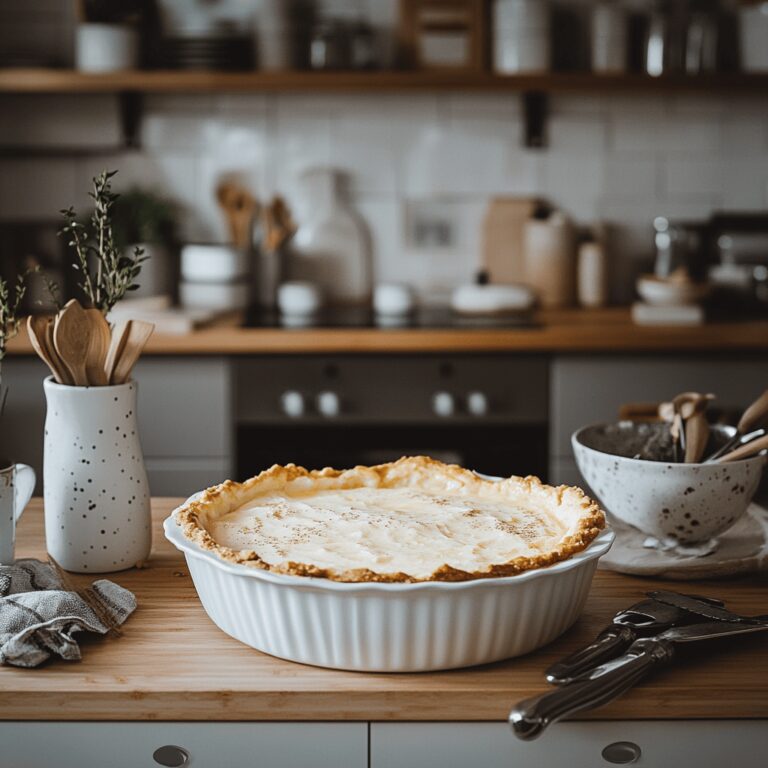 A warm and inviting modern kitchen filled with natural light, featuring a countertop adorned with cooking tools, mixing bowls, and fresh ingredients. In the background, a beautifully baked Impossible Pie sits on a cooling rack, its creamy, buttery texture visible. The scene conveys a cozy, homely atmosphere while subtly reflecting the theme of the food blog with carefully arranged kitchen utensils and a hint of the baking process.