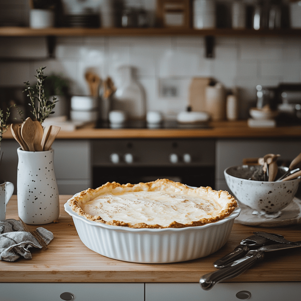 A warm and inviting modern kitchen filled with natural light, featuring a countertop adorned with cooking tools, mixing bowls, and fresh ingredients. In the background, a beautifully baked Impossible Pie sits on a cooling rack, its creamy, buttery texture visible. The scene conveys a cozy, homely atmosphere while subtly reflecting the theme of the food blog with carefully arranged kitchen utensils and a hint of the baking process.