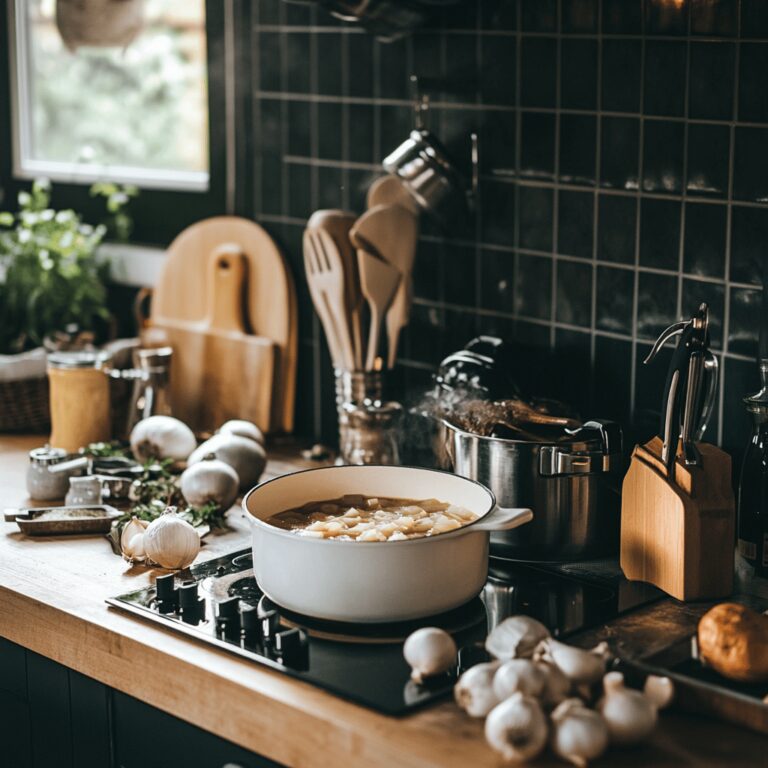 A cozy modern kitchen bathed in soft, natural light, featuring an inviting arrangement of cooking utensils, ingredients like onions and broth, and a gently simmering pot on the stove. The countertop is neatly organized with bowls and spices, reflecting a homely yet professional atmosphere, capturing the essence of simple and smart cooking techniques for French onion soup.