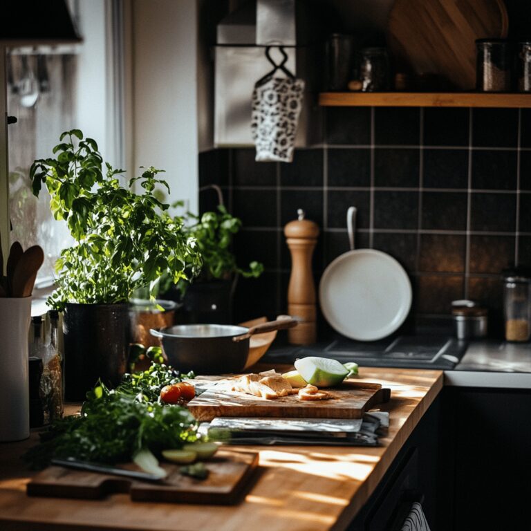 A warm, inviting modern kitchen filled with natural light, featuring a variety of cooking tools, fresh ingredients, and cheerful utensils arranged artfully on countertops. The scene conveys a cozy, homely atmosphere, suggesting the ease and simplicity of preparing meals, with bowls, spices, and a few cooking techniques subtly highlighted, all reflecting the theme of a quick Friday recipe for Lent.