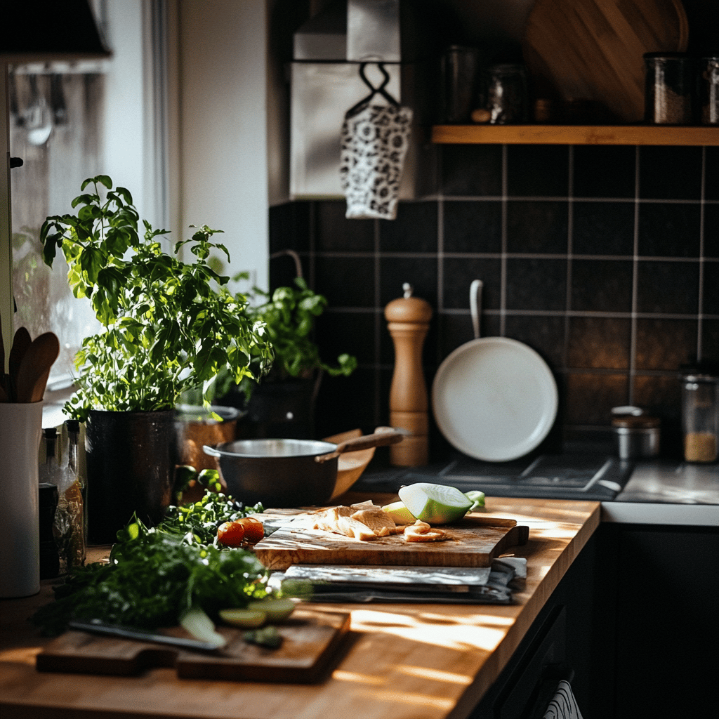 A warm, inviting modern kitchen filled with natural light, featuring a variety of cooking tools, fresh ingredients, and cheerful utensils arranged artfully on countertops. The scene conveys a cozy, homely atmosphere, suggesting the ease and simplicity of preparing meals, with bowls, spices, and a few cooking techniques subtly highlighted, all reflecting the theme of a quick Friday recipe for Lent.