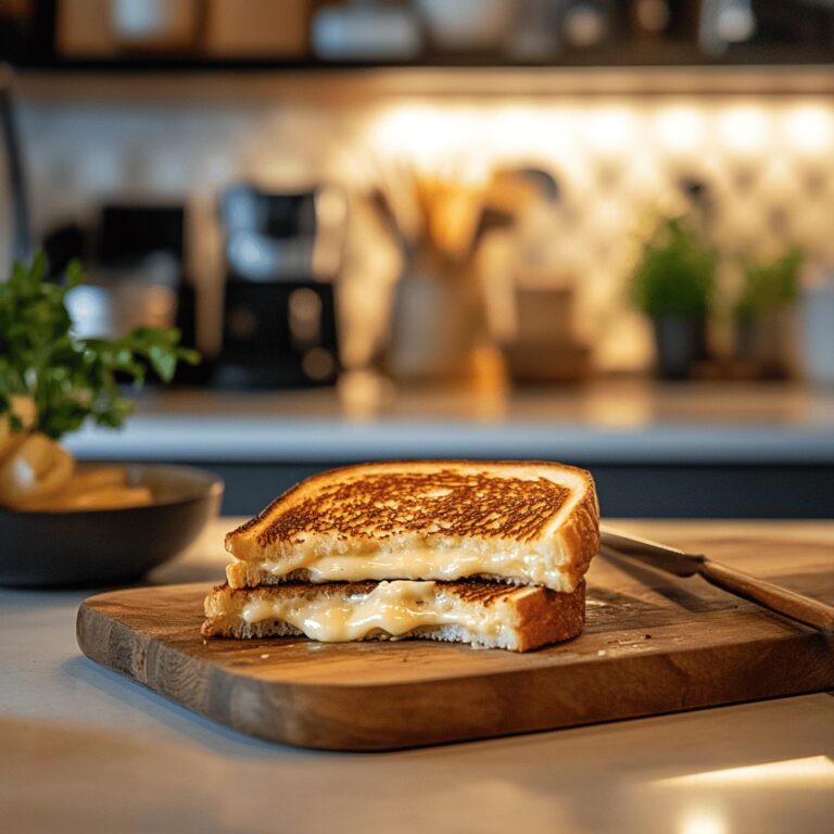 A warm and inviting kitchen scene featuring a modern countertop with a skillet, a jar of mayonnaise, and various ingredients like bread, cheese, and fresh herbs arranged artfully. Soft, natural lighting streams in, highlighting cooking utensils and bowls, creating a cozy atmosphere perfect for a food blog.