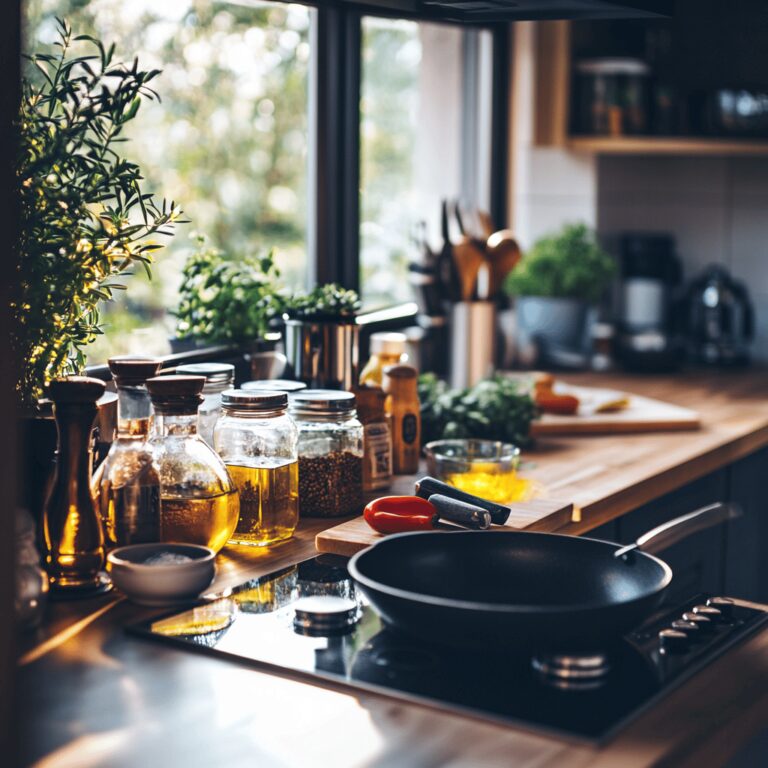 A warm and inviting kitchen scene featuring various cooking tools and ingredients, with a rustic countertop displaying a few bottles of olive oil. Some have visible signs of age like cloudiness or sediment, subtly hinting at the blog's theme. Natural light filters through a nearby window, enhancing the cozy atmosphere, while elegant utensils and bowls are neatly arranged, creating a professional yet homely feel.