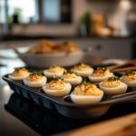A warm, inviting modern kitchen scene featuring a variety of beautifully styled deviled egg dishes arranged on a countertop, surrounded by fresh ingredients like herbs and spices. The image includes cooking tools such as utensils, mixing bowls, and a cutting board, with soft, natural lighting creating a cozy atmosphere that reflects a passion for cooking. The background showcases a hint of kitchen decor, adding a homely yet professional touch without focusing on a single dish.