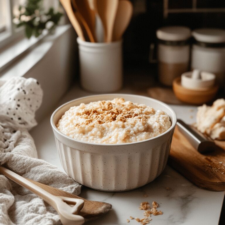 A warm, inviting kitchen scene featuring soft, natural lighting. In the foreground, there's a beautifully arranged countertop with a variety of cooking tools and ingredients for rice pudding. There are bowls with rice, milk, and spices, along with measuring cups and spoons, all set against a backdrop of modern kitchen cabinetry. Subtle hints of a cozy atmosphere, like a wooden cutting board and a vase with fresh herbs, complement the homely yet professional feel of the space. Overall, the image evokes a sense of comfort and delicious possibilities.