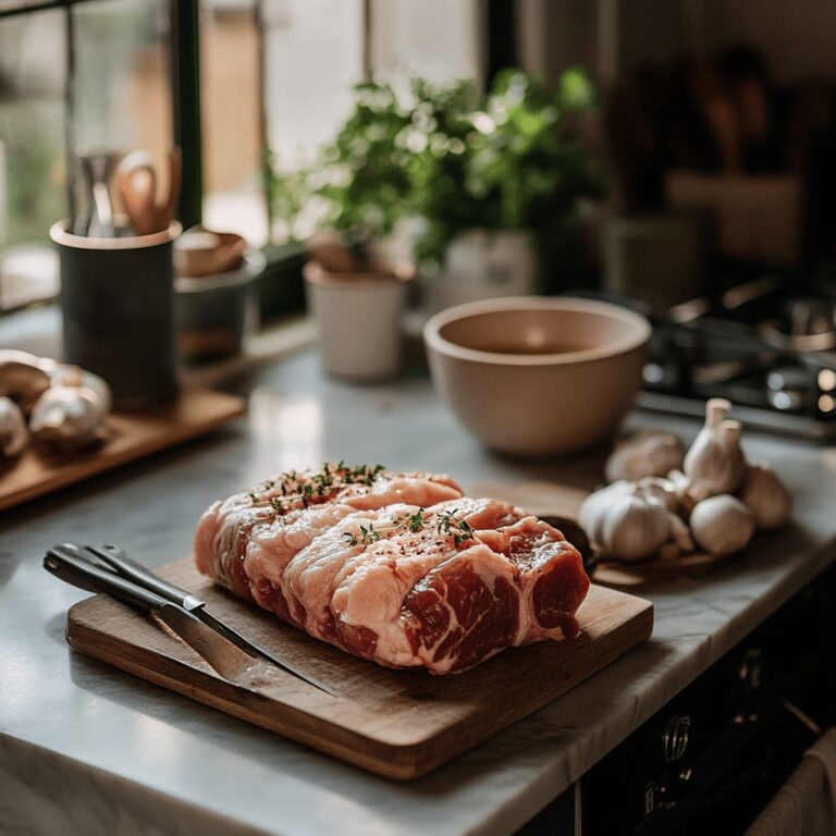 A warm, inviting modern kitchen filled with cooking tools and fresh ingredients, showcasing a cozy atmosphere. The countertops are adorned with utensils, bowls, and various meats in bloated packaging, subtly hinting at the blog's theme. Natural light filters in, creating a friendly ambiance that captures the essence of home cooking.