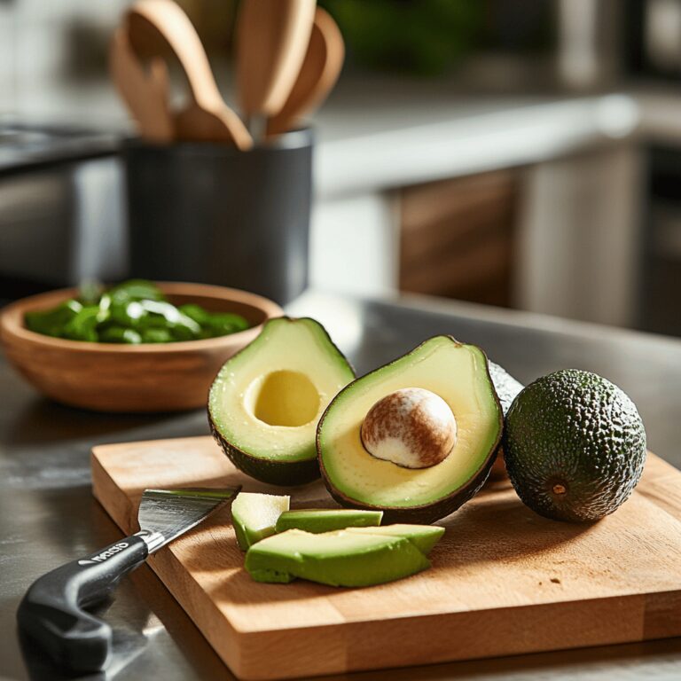 A modern kitchen with a warm, cozy vibe featuring a variety of cooking tools and ingredients for slicing avocados. The scene includes a cutting board, a sharp knife, and a bowl of ripe avocados, with natural light illuminating the countertop. Subtle details like utensils and decorative kitchen elements create a homely yet professional atmosphere, reflecting the theme of a food blog.