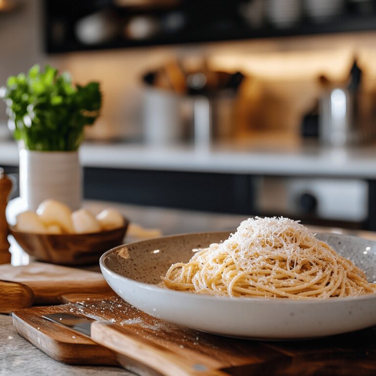 An inviting, warm-toned kitchen setting with a cozy vibe, featuring cooking tools and ingredients like cheese, pepper, and pasta scattered across a rustic countertop. The scene captures the essence of cooking with natural light illuminating various utensils and bowls, hinting at the technique for making foolproof Cacio e Pepe, while expressing a homely yet professional atmosphere.
