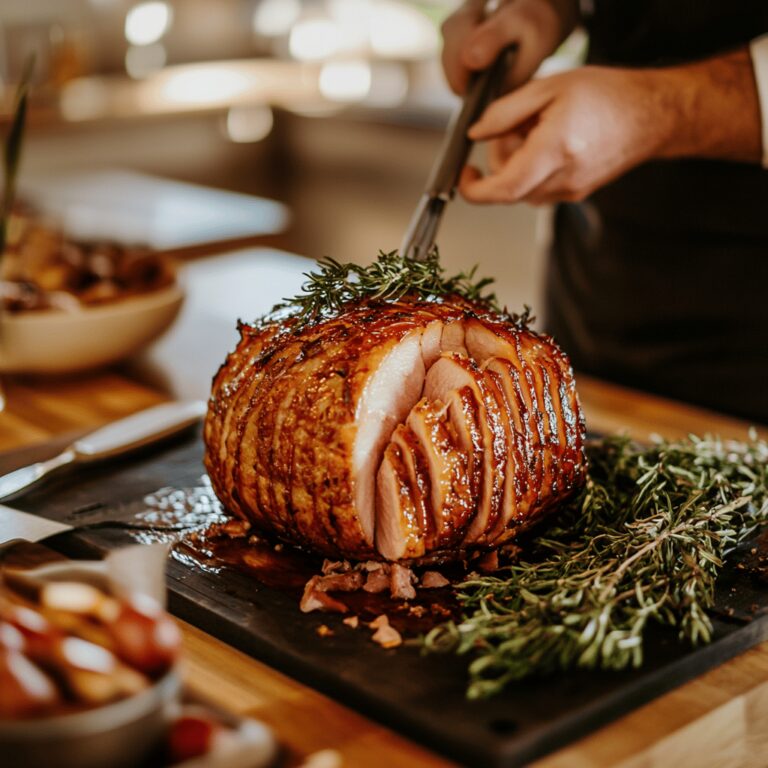 An inviting modern kitchen bathed in warm, natural light, showcasing a variety of cooking tools and ingredients neatly arranged on the countertops. The scene features a wooden cutting board with fresh herbs, a set of colorful mixing bowls, and professional-grade utensils, all creating a cozy yet sophisticated atmosphere that reflects the theme of keeping baked ham moist.