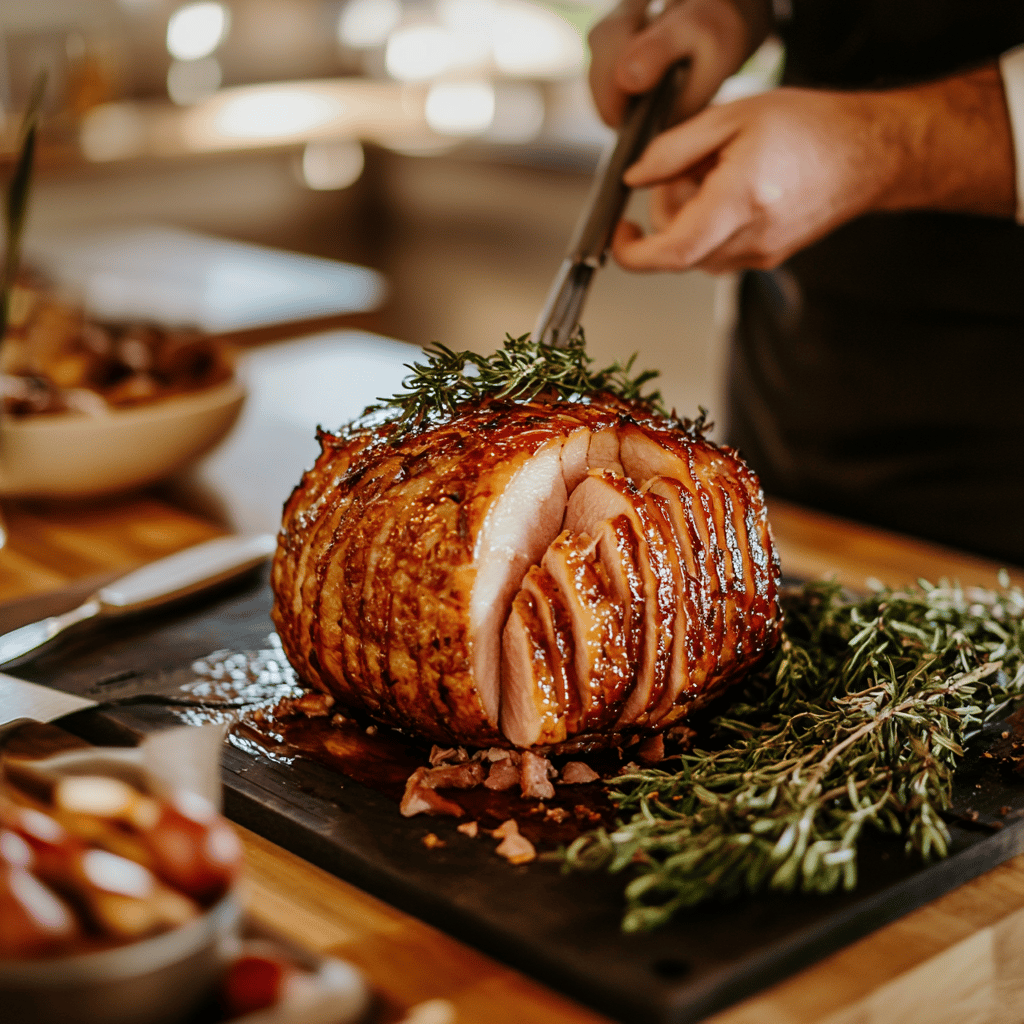 An inviting modern kitchen bathed in warm, natural light, showcasing a variety of cooking tools and ingredients neatly arranged on the countertops. The scene features a wooden cutting board with fresh herbs, a set of colorful mixing bowls, and professional-grade utensils, all creating a cozy yet sophisticated atmosphere that reflects the theme of keeping baked ham moist.