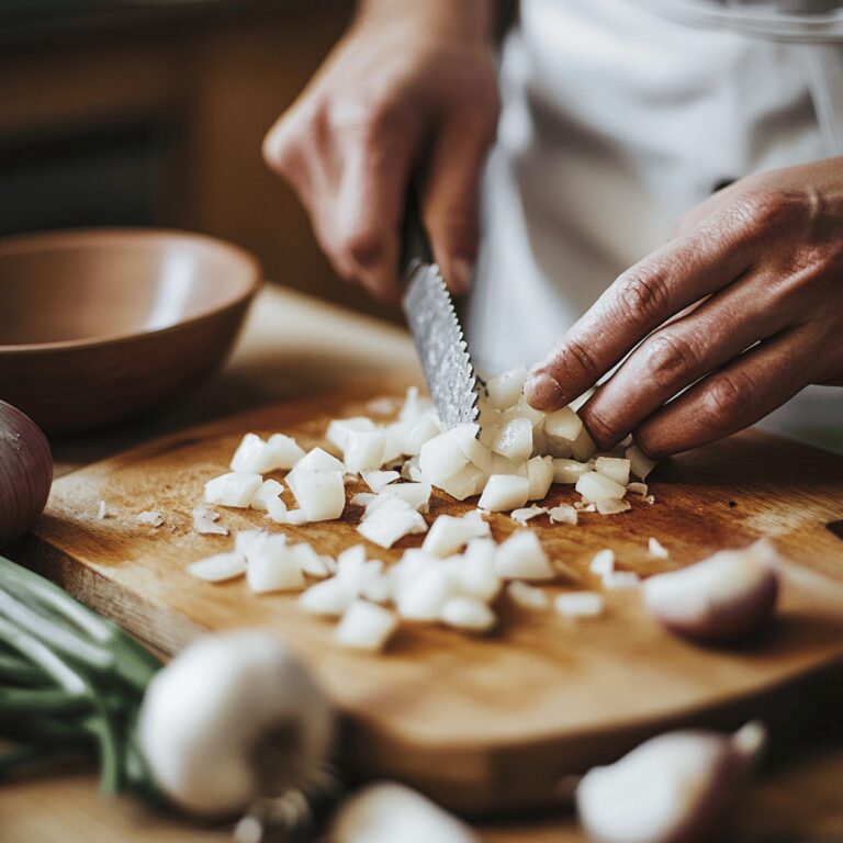 An inviting modern kitchen with a warm and cozy vibe, featuring a wooden countertop adorned with a cutting board, a sharp knife poised next to a diced onion. Soft, natural lighting streams in, highlighting various cooking tools like a set of measuring spoons, colorful ingredient jars, and a fresh herb plant in the background. The scene subtly suggests the art of cooking without focusing on a specific dish, evoking a homely yet professional atmosphere perfect for a food blog.