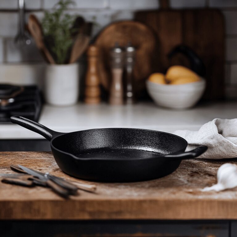A warm and inviting modern kitchen scene featuring a well-used cast iron skillet on a countertop, surrounded by various cooking utensils, fresh ingredients like herbs and vegetables, and a gentle play of natural light coming through a window. The atmosphere is cozy and professional, reflecting a homely yet stylish cooking space, with hints of cleaning tools subtly included to represent the theme of maintaining cast iron cookware.