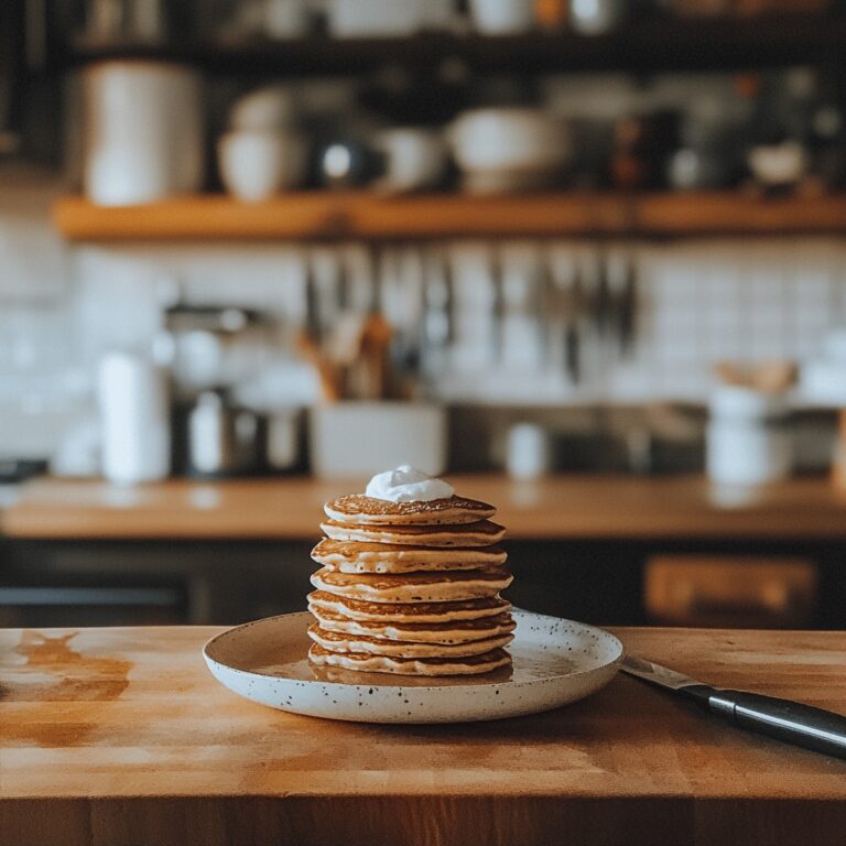 A cozy modern kitchen scene featuring an assortment of pancake ingredients and cooking tools arranged on a countertop, with bowls, utensils, and subtle hints of different pancake recipes. The lighting is warm and natural, creating an inviting atmosphere that complements a food blog about popular pancake recipes, without focusing on any single dish.