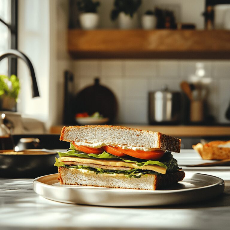 A warm, cozy modern kitchen filled with natural light, featuring a countertop adorned with vibrant ingredients for a simple sandwich, including fresh bread, a jar of spread, and fresh greens. Cooking utensils and bowls are artfully arranged in the background, creating an inviting atmosphere that reflects the theme of a food blog. The scene captures a homey yet professional vibe, highlighting the joy of simple cooking without focusing on a single dish.