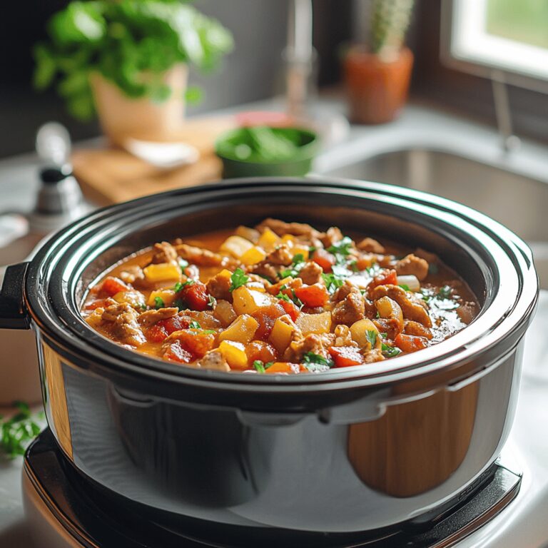 A warm, inviting modern kitchen filled with cooking tools and ingredients, showcasing a cozy atmosphere. Soft, natural lighting bathes the countertop where various utensils and bowls are arranged, subtly hinting at a slow cooker while creating an inviting space. The scene embodies a homely, professional vibe, ideal for a food blog about crowd-pleasing recipes.