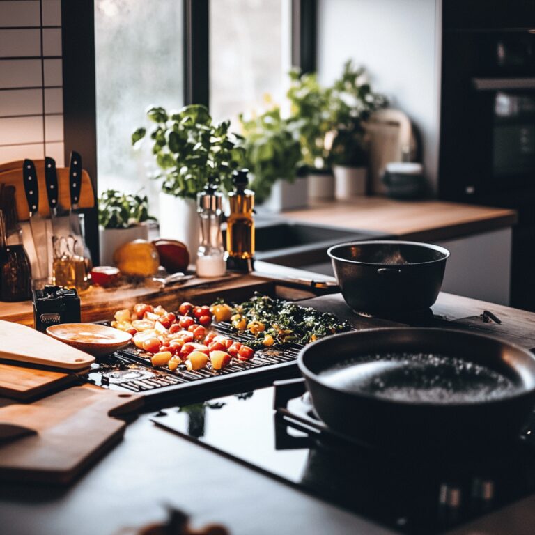 An inviting modern kitchen with a warm, cozy ambiance, featuring a well-organized stovetop and various cooking tools, ingredients in bowls, and utensils scattered around. The lighting is natural and friendly, enhancing the homely yet professional feel of the space, reflecting the theme of maintaining a clean and welcoming cooking environment.