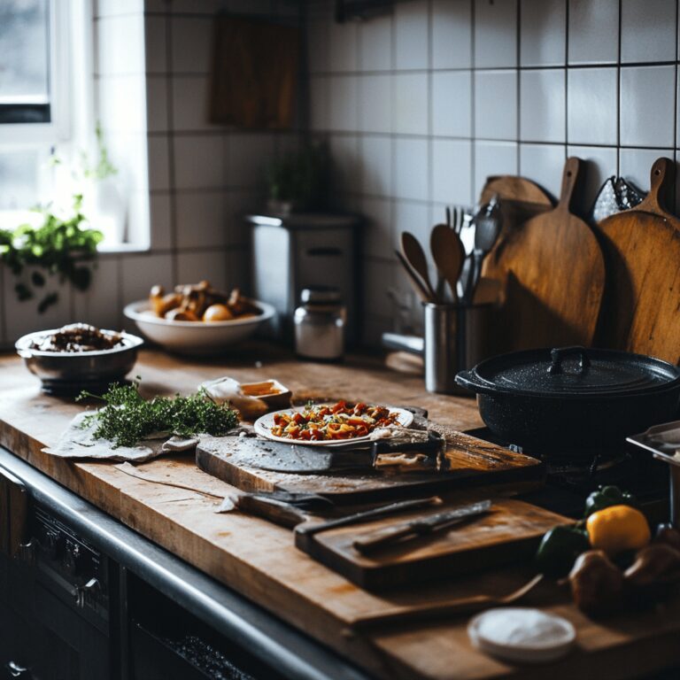 A warm and cozy modern kitchen filled with cooking tools, fresh ingredients, and subtle hints of food preparation. The scene captures a friendly, inviting atmosphere, featuring well-organized utensils, colorful bowls, and a clean countertop, all under natural, soft lighting that creates a homely yet professional vibe, emphasizing the theme of discerning when to leave a restaurant.