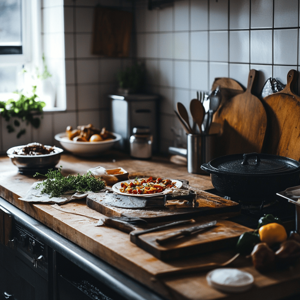 A warm and cozy modern kitchen filled with cooking tools, fresh ingredients, and subtle hints of food preparation. The scene captures a friendly, inviting atmosphere, featuring well-organized utensils, colorful bowls, and a clean countertop, all under natural, soft lighting that creates a homely yet professional vibe, emphasizing the theme of discerning when to leave a restaurant.