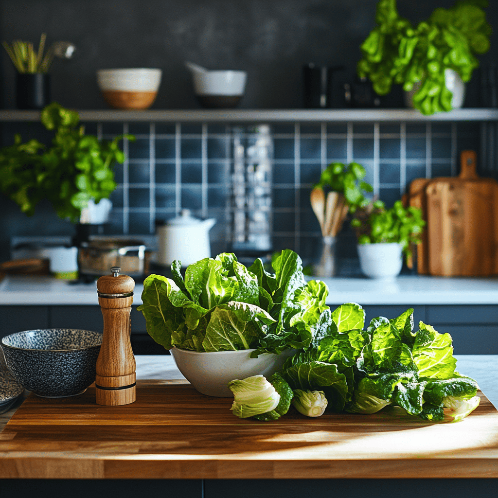 A cozy modern kitchen scene featuring fresh lettuce in a bowl on the countertop, surrounded by various cooking utensils and ingredients. Natural light streams in, highlighting a subtle trick for keeping lettuce crisp, with hints of vibrant colors from fresh vegetables nearby. The overall atmosphere is warm and inviting, perfect for a food blog.