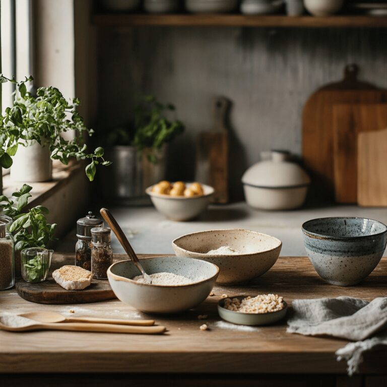 A warm and inviting modern kitchen scene filled with cooking tools and ingredients that reflect the theme of a food blog post. The countertop displays assorted utensils, colorful bowls, and jars of ingredients, with soft, natural lighting creating a cozy atmosphere. The background hints at a variety of snacks and cooking techniques, without focusing on a single dish, embodying a homely yet professional vibe.