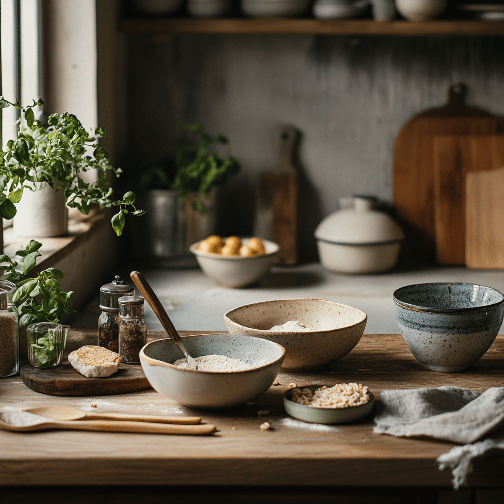 A warm and inviting modern kitchen scene filled with cooking tools and ingredients that reflect the theme of a food blog post. The countertop displays assorted utensils, colorful bowls, and jars of ingredients, with soft, natural lighting creating a cozy atmosphere. The background hints at a variety of snacks and cooking techniques, without focusing on a single dish, embodying a homely yet professional vibe.