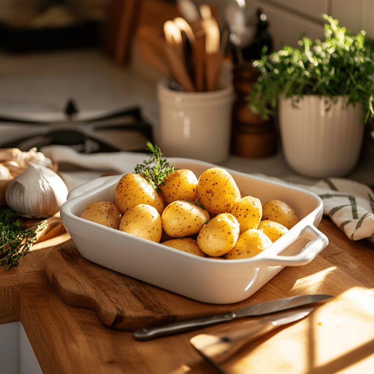 A warm and inviting modern kitchen is captured, featuring a mix of cooking utensils, fresh ingredients, and cozy decor. The countertops are tidy with a wooden cutting board, a bowl of unpeeled potatoes, and a few herbs scattered around. Soft, natural light streams in through a window, illuminating the space and creating a friendly atmosphere. The background hints at a Lipton box, subtly connecting to the recipe theme, while decorative elements like a pot and colorful dish towels enhance the cozy vibe. The overall composition feels organic and welcoming, embodying the essence of home cooking.