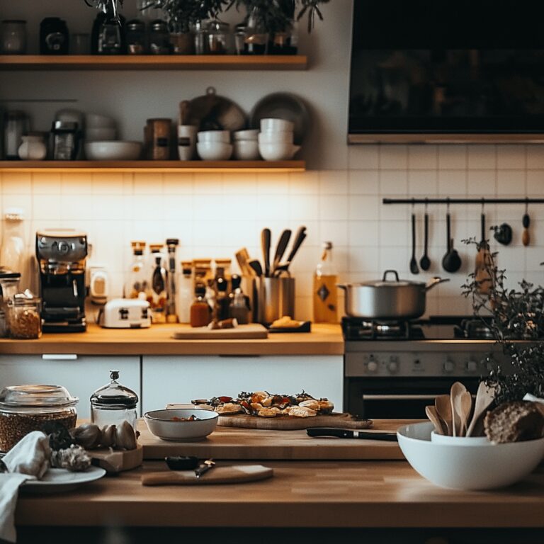 A warm and inviting modern kitchen filled with cooking tools and ingredients, featuring a well-organized countertop with an array of colorful bowls, utensils, and a hint of leftovers in the background. The lighting is natural and friendly, creating a cozy atmosphere that reflects a food blog's theme, emphasizing the importance of food safety without focusing on a specific dish.