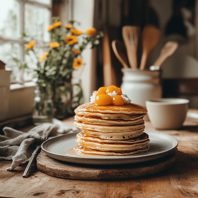 A cozy, modern kitchen scene featuring various cooking tools and ingredients for making fluffy pancakes, with warm, natural lighting. The countertops display mixing bowls, measuring cups, and scattered flour, while utensils hang in the background. The overall atmosphere invites the viewer into a homely yet professional cooking space, emphasizing the theme of traditional cooking wisdom.