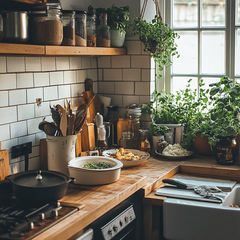 A warm, inviting modern kitchen featuring a variety of cooking tools and ingredients, with a cozy ambiance. The scene includes wooden countertops, colorful bowls, and elegant utensils, subtly hinting at the theme of a vintage cookbook without centering on a single dish. Natural, friendly lighting enhances the homely yet professional atmosphere, making the space feel welcoming for a food blog audience.