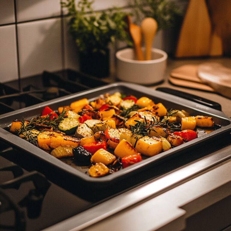 A cozy, modern kitchen filled with fresh vegetables and cooking tools, showcasing colorful, crispy roasted vegetables on a rustic wooden countertop. Soft natural light bathes the scene, highlighting inviting utensils, bowls, and fresh herbs, creating a warm atmosphere that reflects a welcoming space for cooking.
