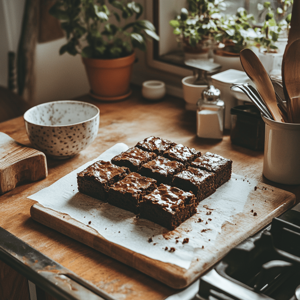 A warm and cozy modern kitchen scene featuring cooking tools and ingredients, with a focus on various kitchen details such as utensils, bowls, and countertops. The lighting is natural and friendly, creating an inviting atmosphere that subtly reflects the theme of a food blog about a special brownie recipe with a secret ingredient.