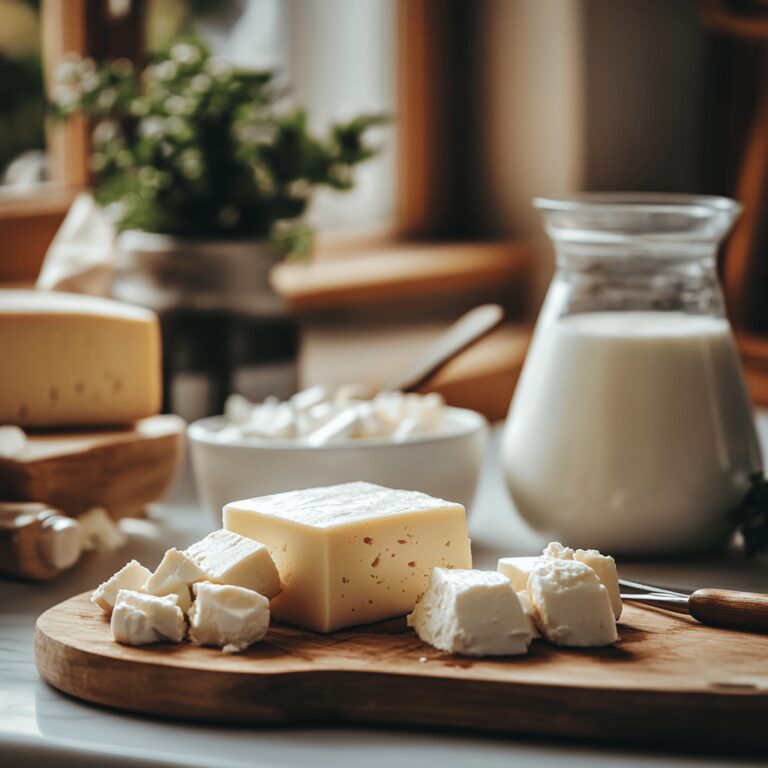 A cozy, modern kitchen featuring various expired dairy products arranged artistically on a countertop, surrounded by cooking utensils, bowls, and ingredients. Soft, natural lighting highlights the scene, emphasizing a warm and inviting atmosphere. Subtle cues reflect the theme of food safety and exploration, while the overall composition maintains a professional yet homely feel.