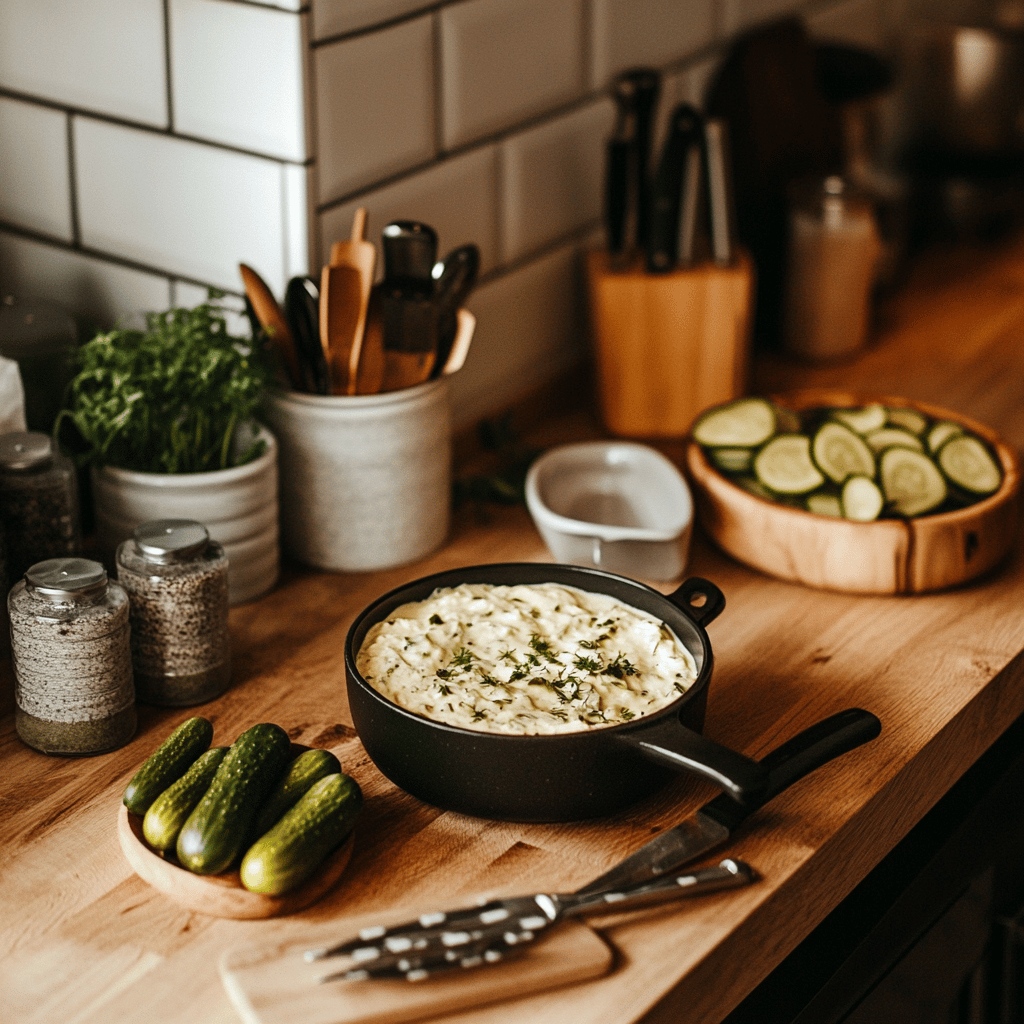 An inviting modern kitchen scene showcasing a variety of cooking tools and ingredients for a food blog, featuring warm lighting, cozy decor, and elements like utensils, bowls, and countertops, alluding to a quick and easy pickle dip recipe.