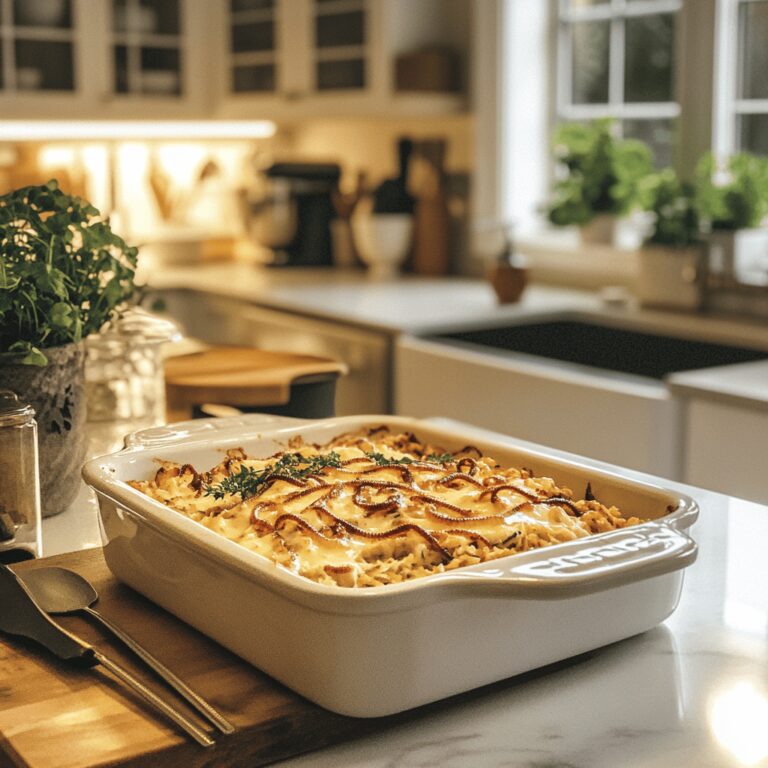 A cozy modern kitchen scene featuring a variety of cooking tools and ingredients arranged invitingly on a countertop, with natural light streaming in. The decor reflects a warm atmosphere, showcasing bowls, utensils, and fresh ingredients that hint at a worm casserole being prepared, creating a sense of homely professionalism without focusing on a single dish.