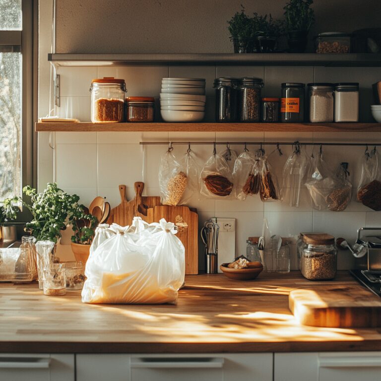 An inviting kitchen scene featuring various cooking utensils, ingredients, and plastic bags on a countertop, illuminated by warm, natural light, creating a cozy atmosphere. The background subtly highlights the theme of reusing plastic bags, with a mix of vibrant vegetables and neatly arranged containers, enhancing the professional yet homely feel of the space.