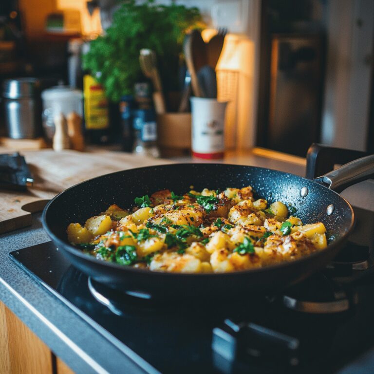 A warm and cozy modern kitchen scene featuring a variety of cooking tools and ingredients associated with traditional British cuisine, with subtle hints of the Bubble and Squeak recipe. The image showcases a wooden countertop adorned with fresh vegetables, potatoes, and scattered herbs. Utensils hang on the wall, and natural light filters in through a nearby window, illuminating the inviting atmosphere. The space feels homely yet professional, with carefully arranged details that evoke the charm of a nearly 300-year-old recipe.