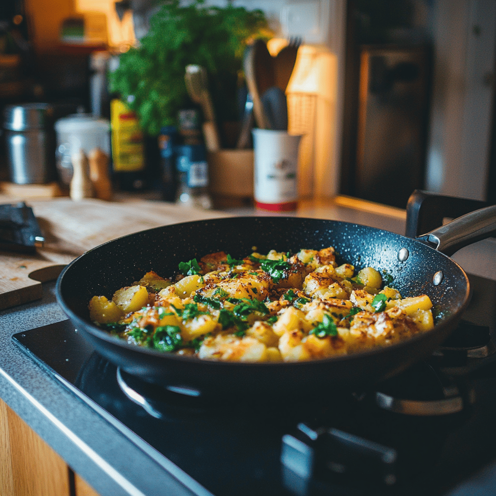 A warm and cozy modern kitchen scene featuring a variety of cooking tools and ingredients associated with traditional British cuisine, with subtle hints of the Bubble and Squeak recipe. The image showcases a wooden countertop adorned with fresh vegetables, potatoes, and scattered herbs. Utensils hang on the wall, and natural light filters in through a nearby window, illuminating the inviting atmosphere. The space feels homely yet professional, with carefully arranged details that evoke the charm of a nearly 300-year-old recipe.